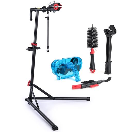 CXWXC 自転車 メンテナンススタンド ワークスタンド クリーナーセット ロードバイク スチール製 高さ/角度調節可 折りたたみ式 ディスプレイスタンド 工具トレー/ハンドル支えバー付 ブラ…