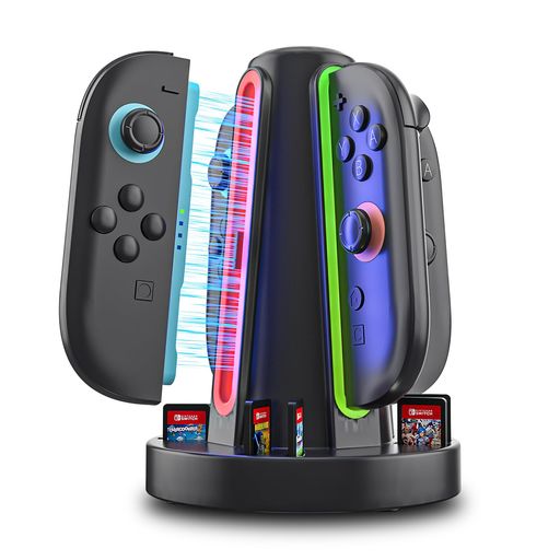 最大4台のSwitch 2コントローラーを同時に充電 - Switch 2 Joy-Con専用に設計された充電ドックは、最大4つのコントローラーを同時に効率よく充電可能です。高速USB-Cポートを搭載し、マルチプレイヤーや長時間のゲームプレイでも中断を最小限に抑えます。 磁気吸着と省スペース設計で整理整頓 - 磁石によるグリップ構造で、Joy-Conをしっかり固定しながら配線を簡素化。省スペースで設置でき、デスク周りをすっきりと整理できます。ホルダーとしても使える実用的なデザインです。 360度LEDインジケーターと音声通知システム -ドック周囲に配置された360度LEDライトが、充電状況をひと目で確認可能。さらに内蔵のブザーが電源接続時や満充電時に通知を行い、視覚と音声の両面で状態を把握できます。 簡単な操作で即充電可能 - Joy-Conをスライドするだけで充電が開始されるシンプルな設計。複雑な設定や接続作業は不要で、すぐに使い始めることができます。誰でも簡単に扱える利便性が特長です。 ゲーマーへの実用的なギフト選択肢 - 高品質でスタイリッシュなデザインは、誕生日や特別な日のギフトとしても最適です。