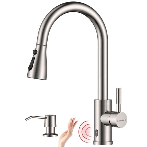 DAYONEタッチレスキッチン水栓&ソープディスペンサー、SUS304ステンレス製引出し式プレミアム感応式キッチン水栓 、3機能スプレー付き360°回転キッチン混合水栓、自動赤外線キッチンタッ…