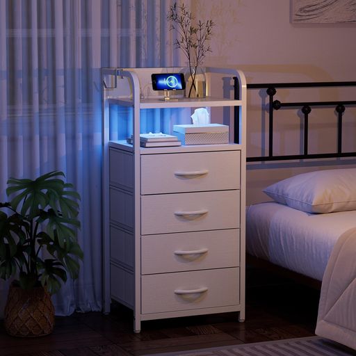 IKIFLY チェスト 棚付き 収納チェスト タンス LEDライト付き キャビネット引き出し 洋服収納 箪笥リビング収納 布製引き出し 寝室収納ケース USBポート 衣類収納 軽量 コンパクト 省スペース…