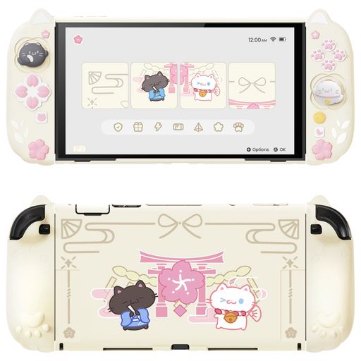 樂天商城 - PlayVital Switch 2用保護カバーセット switch2ドック対応 猫耳&肉球グリップ付き Joy-Conカバー付き シリコン+PC素材 分体式 耐衝撃 傷防止 調整スタンド付き|和風さくら子猫デザイン【アイボリー】