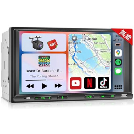 2DIN&7インチディスプレイオーディオ 無線CarPlay+AndroidAuto対応:スマホ連携でナビゲーションする バックカメラ連動、映像出入力、ステアリングコントロール