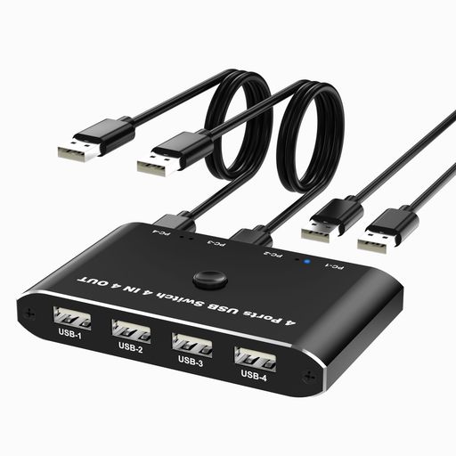 【4台のPCで4台のUSB機器を共有できる切替器】1組の切り替え器、マウス、キーボード、外付けハードディスク、ハブなどのUSB機器を4台のパソコンで共有できる切替器です。ノートパソコンでもデスクトップパソコンでも対応しており、ボタン一つで簡単に切り替えることができます。ケーブルを頻繁に引っ張ったり、複雑なネットワーク共有ソフトウェアをセットアップしたりする必要はなく、作業効率を大幅に向上させます。 【ポートに挿すだけの簡単接続】USB 切替器はポートに挿すだけの簡単接続仕様です。 長さ1.5メートルのUSB Aケーブルが4本付いて、製品到着後すぐに使えます。ドライバーのインストールや面倒な設定は一切不要です。 オフィス、家庭、監視室、金融会社、および設計者で広く使用されています。 ご注意:2台以上のパソコンと同時に接続する必要があります。さもないと給電不足の可能性があります。ドライバー不要で使用機器を接続すると、即座に認識し使用可能です。 【ワンタッチ切替&amp;動作PC確認ランプ】これは、データ交換と送信に適用する共有スイッチです。