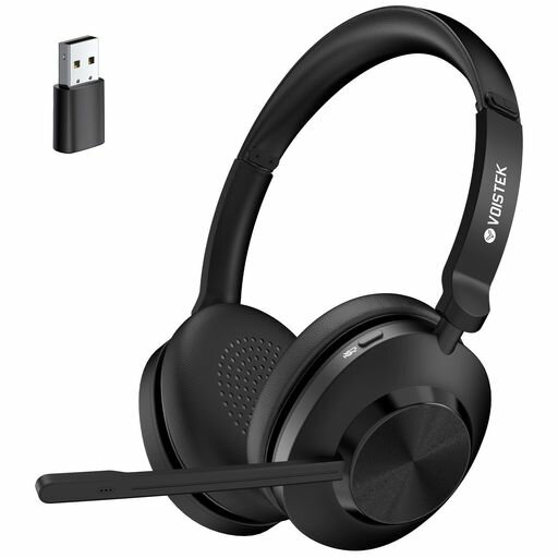 Voistek業務用ワイヤレスヘッドセットBluetooth5.3ヘッドセットUSBドングル両耳:新型ノイズキャンセリングマイク付き単一指向性ボタン操作ミュートボタン付き2台同時接続50時間の通話時間急…
