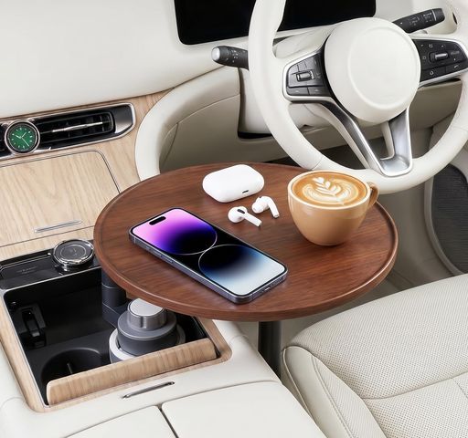 OKYES 車載テーブル ドリンクホルダーに取付 【 車内食事・作業は楽々】 パソコンテーブル バーチ材+アルミニウム合金 360度回転可能 運転席・助手席兼用 高さ調整可能 安定 丈夫 簡単着脱…