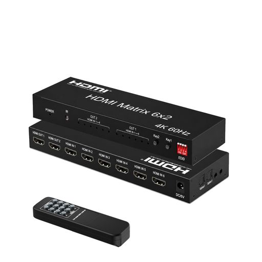 HDMI 2.0 マトリックス スイッチ 6入力2出力 4K@60Hz 手動切替 セレクター スプリッター 切替器 分配器 HDMI Matrix 6x2 + 音声分離(光デジタル・3.5mmステレオミニ音声出力) HDCP2.3 1080P60Hz