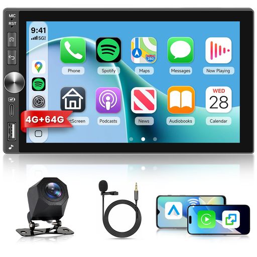 Hodozzy 4G+64G Androidオーディオ2 Din(ワイヤレスCarPlay・Android Auto対応)、7...