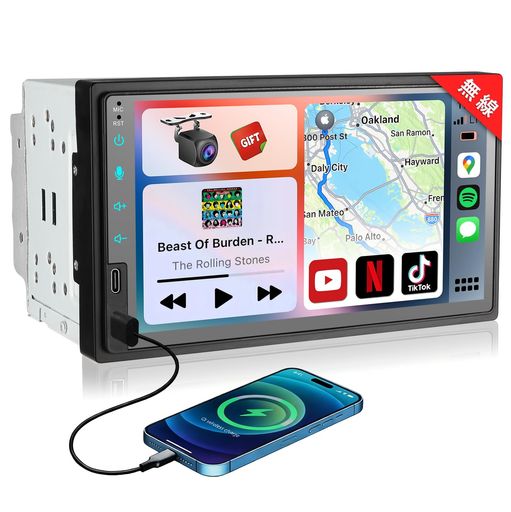 2DIN&7インチ2USB ディスプレイオーディオ 無線CarPlay+AndroidAuto対応:スマホ連携でナビゲーションする バックカメラ連動、映像出入力、ステアリングコントロール