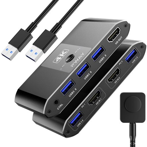 【HDMI KVMスイッチ 2台】このKVM スイッチは、1組のキーボードとマウスで2台のHDMI対応PCを簡単に制御し、1台のモニタ一を共有することができます。HDMI 2.0標準とHDCP 2.2プロトコルに対応し、伝送速度は最大18Gbps。 注:異常な映像表示を避けるため、ドッキングステーションとコンバーターはなるべく使用しないでください。 【4K UHD解像度】2入力1出力 KVM切替器は、4K高精細解像度と滑らな60Hzリフレッシュレートに対応し、下位互換性がある。鮮明なビジュアルと没入感のあるディスプレイパフォーマンスを体験できます。 注:最高の映像感を得るためには、コンピュータが最適解像度に設定されていることを確認してください。 【高速USB3.0ポート】HDMI USB切替器はUSB3.0ポートを3つ搭載し、データ転送速度は最大5Gbps、USB2.0/1.1機器と下位互換性があり。プリンタ、ゲームパッド、スキャナ、HDDなどの周辺機器に対応。 【2種類の切り替え】KVMスイッチHDMIは、ボタンと有線リモコン切替に対応。