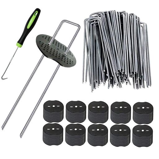 Other Tools - AMEITECHUピン杭20cm黒丸付防草シート幅4cm固定用人工芝おさえピンU字型ピン押さえピンコ型ピン防草シート固定用農業用ネットマルチ(100本ピン+100枚黒丸)