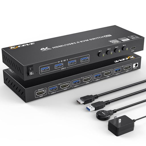 乐天商城 - HDMIKVM切替器4ポート、4入力1出力PC切替器4K@60Hz、4つUSB3.0ハブ備えたKVMHDMI4ポートスイッチャー、EDID管理、ワイヤレスキーボード、マウスサポート