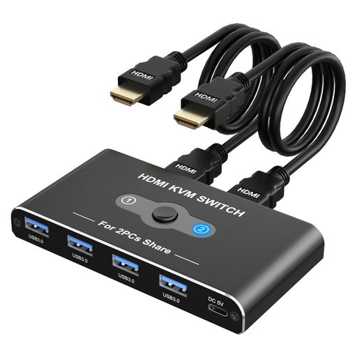 乐天商城 - USB切替器KVMスイッチHDMI2入力1出力5GbpsUSB3.0切替器パソコン2台モニター1台切り替え1台のプリンターを2台のパソコンで使用4K@60Hz4Type-A3.0ポート