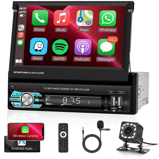 1DIN ワイヤレスCarplay&Android Auto, 7インチHDフリップアウトタッチスクリーン車のラジオ折り畳み式