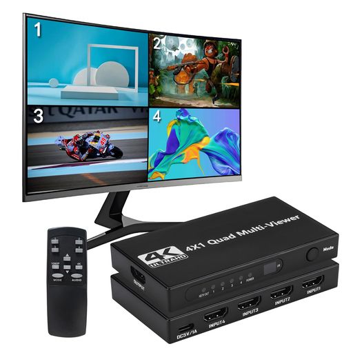 【HDMI 4x1クアッドマルチビューアー】本 HDMI4x1 画面分割切替器は、4 系統の HD 画面分割出力に対応した高性能モデルです。操作方法は柔軟で、本体ボタンと IR リモコンによる切り替えが可能です。設置が簡単で実用性・安定性に優れ、パソコンや HDD レコーダーなどに対応。業務用プロジェクトや会議場など、さまざまな場所でご使用いただけます。 【4K@30Hz 高解像度】最高4K@30Hzおよび1080P@60HzのHDMI出力解像度、4K@30Hz(RGB)の最高解像度をサポートし、製品初使用時のマルチ画面モードの平均画面は4画面です。信号が入力されていない場合、画面にレインボーバー が表示されます。(▲ご注意:RGB形式は4K@30Hz(3840x2160@30Hz)のみをサポートします。) 【音声同期切り替え】14 系統の HDMI 信号切り替えに対応。4HD デジタルビデオ信号を同一画面に表示可能で、さまざまな画面分割パターンに対応し、4 系統の HD 入力信号を同期切り替えできます。2リモコンの【Audio】ボタンで、音声同期の切り替えを実現します。