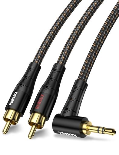 RAWAUX RCA 3.5mm 変換 オーディオケーブル 5M 90度3.5mm TRSプラグ - 2 RCA ステレオケーブル 直角AUX-フォノ
