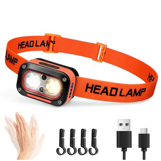 DARKBEAM ヘッドライト LED 高輝度 USB充電式 デュアル光源 モーションセンサー付き 赤色警告灯 防水 調節可能 キャンプ、車のメンテナンス用