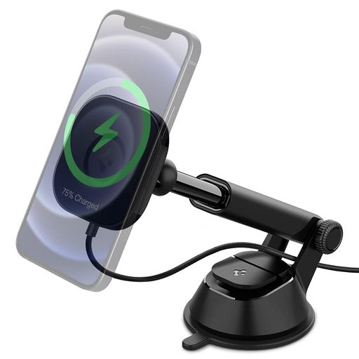 Spigen 車載ホルダー ワイヤレス充電 マグネット MagSafe用 吸盤 スマホホルダー 車 ダッシュボード 粘着ゲル吸盤 スマホスタンド iPhone 14 13 12 Pro Max Plus Mini 超強磁力 360度回転 片手脱着