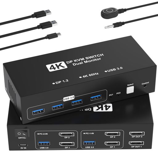 【DisplayPort KVMスイッチ 2入力2出力】このDisplayPort KVMスイッチは、DisplayPortポートを備えた2台のパソコンで、2台のDisplayPortモニターおよび4つのUSBデバイスを共有できます。最大4K/60Hzの解像度に対応し、高画質な映像を出力できます。切り替えは本体のボタンまたは付属の有線コントローラーで行え、デスク周りをすっきり保ちながら効率的な作業が可能です。デュアルディスプレイ環境では、拡張モードと複製モードの両方をサポートしています。USB3.0ポートは最大5Gbpsのデータ転送速度に対応し、USBメモリやプリンターなどの周辺機器も高速に共有できます。【重要なご注意】本製品はHDMIポートには対応しておりません。デュアルモニター表示を正しく行うには、各パソコンに「DPケーブルx2本」と「USBケーブルx1本」を接続する必要があります。ご購入前に、お使いの各パソコンがデュアルモニター出力に対応していることをご確認ください。本製品はドッキングステーションおよび追加アダプターケーブルには非対応です。