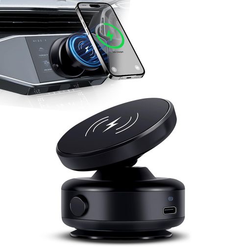 スマホホルダー 車 ワイヤレス充電 マグネット 真空吸着式スマホホルダー Mag-safe 車 スマホスタンド 最大15W急速充電 360°回転可能 安定性抜群 真空吸盤 カー用品 iPhone Android全機種対応 (ブ…