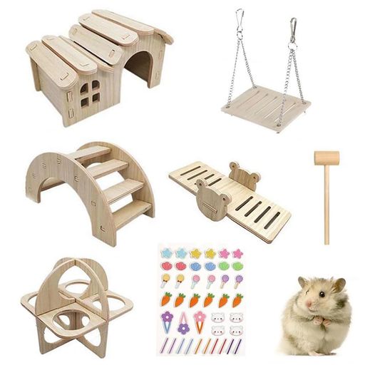 樂天商城 - CHENLONB ハムスター おもちゃ 5個セット 木製 ミニ ブランコ 小屋 シーソー 遊具 遊び場 面白い かわいい 運動不足解消 ストレス解消 小動物用 (実木色)