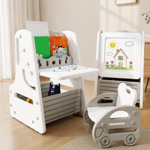 【年齢を問わず楽しめる子供用デスクセット】:69x47x44CMのコンパクトテーブルと42x37x36CMのチェアで構成され、男女問わず幅広い年齢のお子様に最適 適正な高さ設計で正しい姿勢を保ちながら、お絵描きや学習などのアクティビティを快適に楽しめます 成長に合わせて長く使えるため、コストパフォーマンスの高い投資になります 【2WAY設計で遊びと学びが自由自在】:簡単な操作でイーゼルとテーブルを切り替え可能 ホワイトボード仕様なので何度でも消して描け、創造力を養えます テーブルモードでは食事や勉強に集中できる環境を提供 リビング学習の第一歩として最適な多機能設計です 【絵本収納で便利な学習空間】:座ったまま手が届く位置に絵本を収納できる実用的なデザイン 読み終わった本をすぐに片付けられることで、整理整頓の習慣が自然と身につきます 図鑑や教材をすぐ取り出せるため、子供の知的好奇心をサポートする理想的な学習環境が完成します