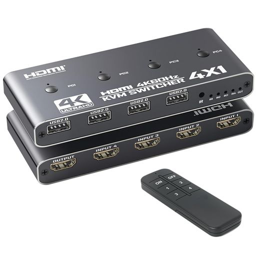 【PC4台用 HDMI KVM切替器】4台のパソコンを1組のキーボード、ディスプレイ、マウスで操作できるようにするパソコン切替器です。パソコン切替器を使うとデスク周りがすっきりし、スペースを節約できます。パソコンの切替は、ボタンひとつで簡単におこなえます。 【USB 2.0 x 4を搭載】USB2.0ハブを4ポート搭載しており、マウス・キーボード(ワイヤレスも可)やUSBプリンターなど各種USBデバイスを4台のパソコンで切り替えて共有することができます。(▲注意1:メカニカルキーボード(高電力消費)は確実に使用できることを保証しません。) 【4K解像度対応】4K(3840x2160)/60Hz、フルHD(1920x1080)/60Hz、3D映像などの解像度に対応しており美しく高精細なHDMI信号を出力できます。デスクトップPCでもノートPCでも Windows OS、Linux OS、Mac OSが混在した環境でも使用可能です。 【2WAY操作】リモコンで離れてところから便利に切り替えられます。本体切り替えボタン(PC1~4)でも表示画面が切り替えられます。