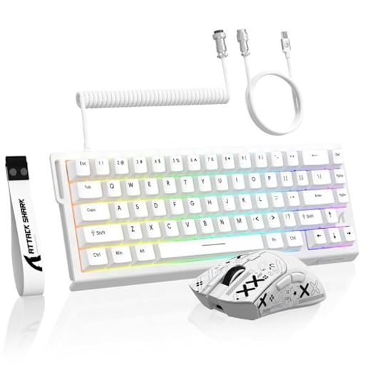 【ラピッドトリガー キーボードマウスセット】ホール効果磁気スイッチを搭載したATTACK SHARK X68HE有線ゲーミングキーボードは、8Kポーリングレートと0.125msの超低遅延に対応し、専用の8KHz対応航空コネクタ式ケーブルで安定した高速通信を実現します。59gの超軽量R1トライモードゲーミングマウスとの組み合わせで、スムーズかつ高精度な操作が可能。キーボードもマウスも完全プログラム対応で、あらゆるゲームジャンルに最適です。 【超高速レスポンス&amp;高品質設計】X68HEラピッドトリガー キーボードは8000Hzポーリングレートと0.125msの超低遅延、128KHzスキャンレートにより、従来比9倍の高速応答を実現。ガスケット構造、PORONフォーム、アルミ合金定位板を採用し、打鍵音を抑えつつ安定した打鍵感を提供します。ATTACK SHARK独自の磁気スイッチは、HIFIレベルの打鍵音と2億回の耐久性を誇り、ホットスワップにも対応。滑らかで快適な入力体験をお届けします。
