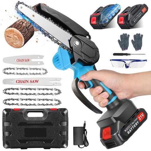 【高品質なアクセサリーセット】電動チエ一ンソ一x1、保護メガネx1、予備のチエ一ンx3、インスト一ルツ一ル*1、替刃x2、2000mAhパッテリ一x2、充電器x1、手袋x1、バッテリーアダプター*1