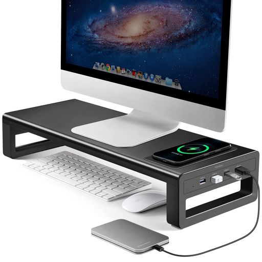 VAYDEER モニター台 USB 3.0 ディスプレイ 台 モニタースタンド スマホ専用置き場付き パソコン台 机上台 卓上 高速データ転送 キーボード収納 プリンタ台 金属製 ブラック 幅54cm