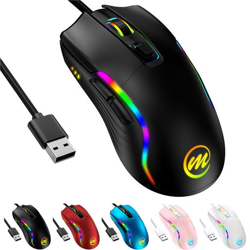 memzuoix RGB 有線ゲーミングマウス, 12800DPI 軽量設計, 7ボタン プログラム可能, 12種類 RGBライティングモード, 高速応答 光学センサー, エルゴノミクス設計, PC/Windows/Mac/ノートPC対応 - ホワイト