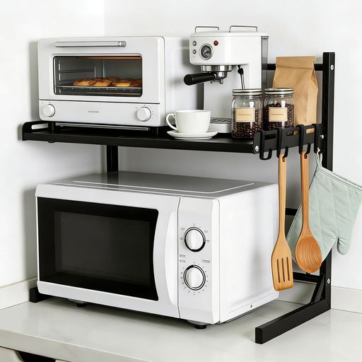 樂天商城 - レンジ 上 ラック トースター 台 - YOKELLMUX 伸縮式 電子レンジ上ラック レンジ上収納 幅39~60cm調節 棚板高さ11段調節 耐熱 組み立て簡単 耐荷重40kg フック4個付き