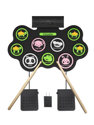 Electric Drums - 電子ドラム セット 初心者向け 子供向け 操作簡単 小型 可愛い動物図案 ペダル付き ハイハット ライドシンバル クラッシュシンバル スネア ベース スピーカー ロールドラム 練習パッド …