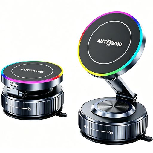 AUTOWHD 車載スマホホルダー スマホスタンド ワイヤレス充電 ナビスタンド マグネット magsafe対応 15W急速充電 ナノ真空吸盤 N56超強磁力 多彩LEDライト 360°回転可能 多角度調節 片手操作