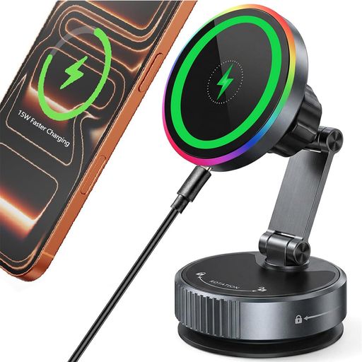 AUTOWHD 車載スマホホルダー スマホスタンド ワイヤレス充電 ナビスタンド マグネット Magsafe対応 ナノ真空吸盤 15W急速充電 N56超強磁力 多彩LEDライト 多角度調節 iPhone&Android多機種対応 強化…