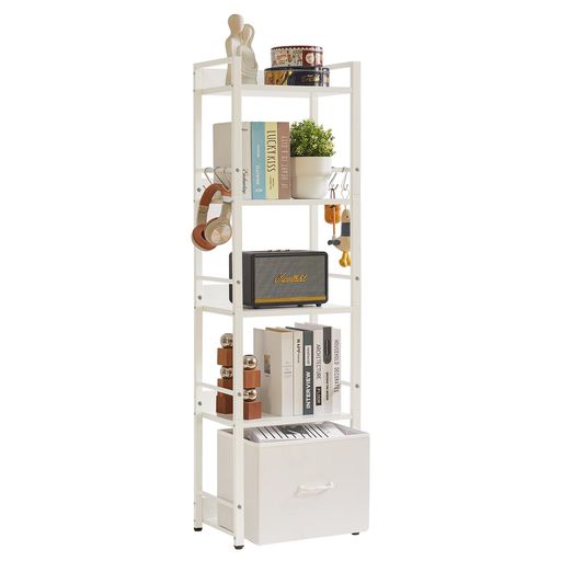 本、お酒、植物、装飾品、靴、台所用品 省スペース: このスリムな本棚には5つの棚があります。コンパクトで大容量な設計なので、床面積をあまりとりません。このおしゃれ本棚を使って、お気に入りの本、工芸品、写真アルバム、鉢植えなどを置くことができます。必需品や装飾品の保管や展示に最適です 布製引き出し付き棚: この5段スリム本棚には取り外し可能な引き出しが付いており、表面は軽くて柔らかい布製です。この設計は安全性を高め、2段から4段の棚にマッチする保育園での使用に適しています。引き出しのサイズは幅35.5x奥行き24.5x高さ27.8cmで、小さな収納ボックスと同じで、どこにでも置くことができて、クローゼットの中に自由に保管することができます 多用途とマルチカラー: この5段棚は3色から選択できるので、ご自宅で自由に組み合わせて、生活空間をカスタマイズできます。この棚は、ディスプレイ棚、オフィス本棚、植物スタンド、収納棚として使用でき、子供用本棚、机上整理棚、シューズラック、キッチンラックとしても適しています。