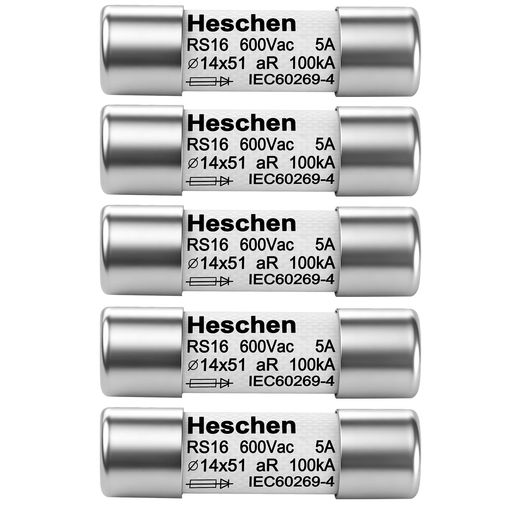 【パーフェクトフィット&amp;キー仕様】標準RS16円筒形セラミックヒューズリンク。 寸法:14 x 51mm (14.3 x 51mm 実際のサイズ)。 定格電圧:600VAC、定格電流:5A、超高破壊能力:100kA 需要の高い工業用高速作動ヒューズの完璧な代替品。 【高度な半導体保護】「aR」タイプのヒューズリンクとして設計されており、敏感な半導体デバイス、電力整流器、VFD、ソーラーインバーターに超高速短絡保護を提供するように特別に設計されています。 【高耐久シルバーエレメント&amp;クォーツサンド】高伝導純銀ヒューズボディで構築され、断面が可変で、高強度セラミックチューブで囲まれています。 化学的に処理された高純度の石英砂で満たされ、極端な100kAの故障下でも瞬時にアークを消滅させます。 【厳格なコンプライアンスと信頼性】IEC 60269-1およびIEC 60269-4国際規格に完全に準拠しています。 動作温度範囲は-5°C~40°C。 ヨーロッパおよびグローバルシステムにわたる厳しい産業安全要件を満たすように作られています。