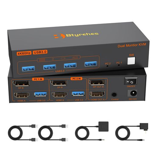 【デュアルモニターKVMスイッチ2イン2アウト】このデュアルモニターKVM HDMI+DPスイッチは、1セットのキーボード&amp;マウスと2つのモニター(拡張表示モードまたはコピー表示モード)で2台のコンピュータを制御することができます注1:「Window+P 」を押すと、小さなウィンドウがポップアップ表示されます。 【4*USB3.0ポート5Gbps高速データ転送】このkvmスイッチ hdmiは5Gbpsまでの超高速データ転送をサポートし、数秒以内にファイルとデータを素早く転送することができます。 キーボード、マウス、プリンター、USBフラッシュディスクなど4つのUSB 3.0デバイスを同時に接続でき、リモートワーク時の生産性を効果的に向上させ、頻繁にケーブルを引く必要がありません。 また、USB 2.0デバイスと互換性があり、USB 2.0スイッチとして使用できます 【最大サポート4K@60Hz/2K@120Hz】デュアルモニターKVMスイッチHDMI+Displayportサポート解像度最大4K@60Hz,2K@120Hz.KVM 2台のモニター2台のコンピュータを切り替えることができます。
