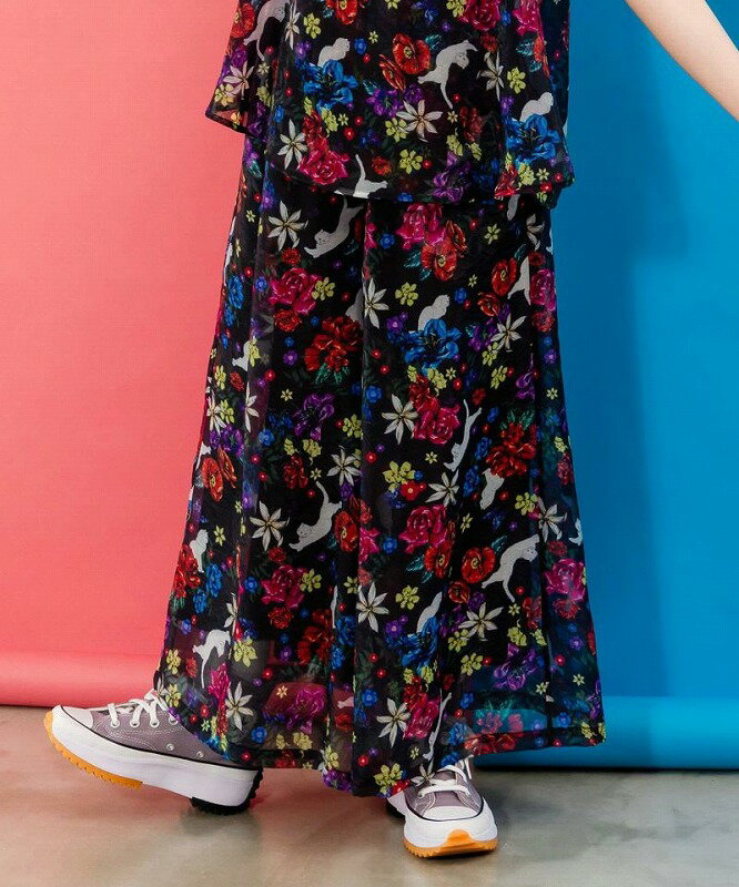 ★セール★【ScoLar スカラー】152684 アート・ネコ花柄 2柄展開シアーパンツ ボトムス カジュアル ガー..