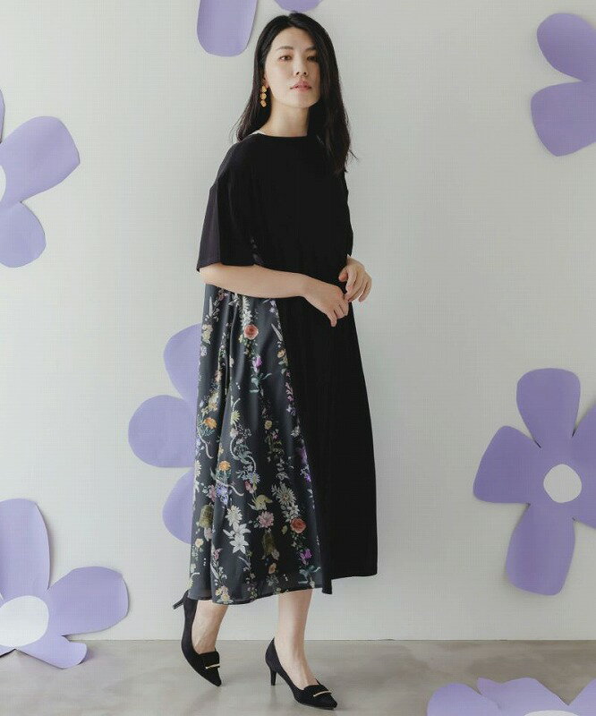 ★セール★【is ScoLar イズ スカラー】552264 花とキツネ柄 サイド切替ランダムリブワンピース フェミニ..