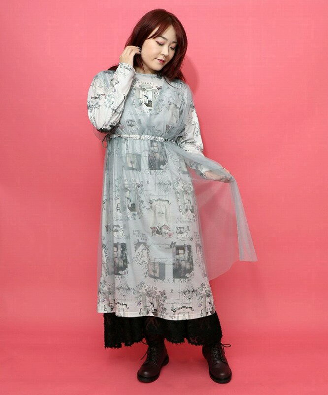 ★SALE★【is ScoLar イズ スカラー】553208 現在と過去イメージプリント チュール重ねワンピース シック..