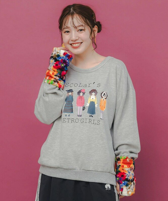 【ScoLar スカラー】153744 アームウォーマー付き レトロ柄裏毛プルオーバー カジュアル レトロ 原宿系 個性的【パッパドゥドゥ】