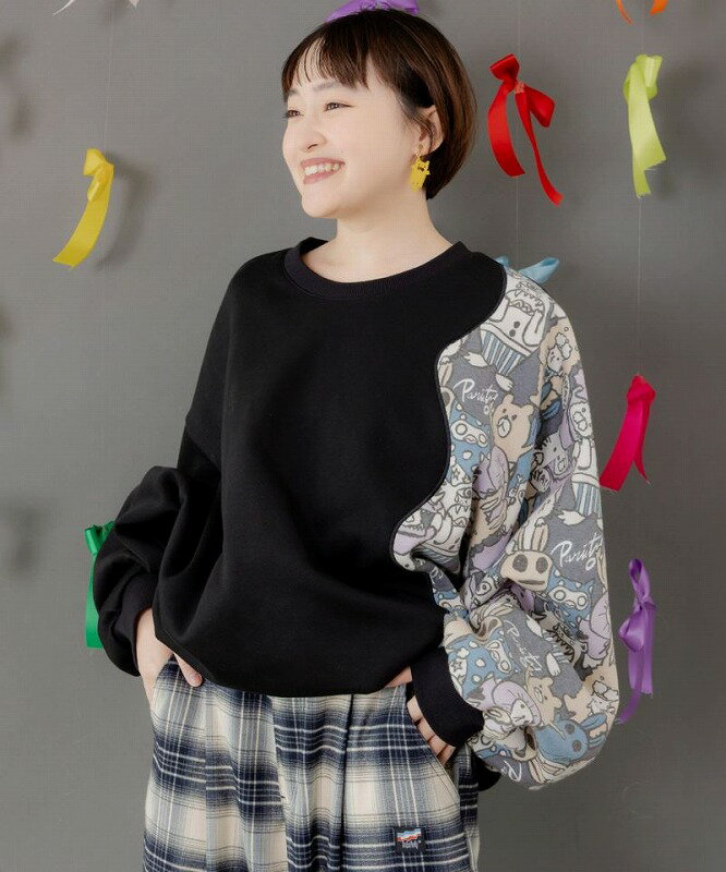 ★新作★【ScoLar Parity スカラー パリティ】353145 Parityキャラ総柄 裏起毛波模様切替プルオーバー 原宿系 個性的 ユニセックス【パッパドゥドゥ】