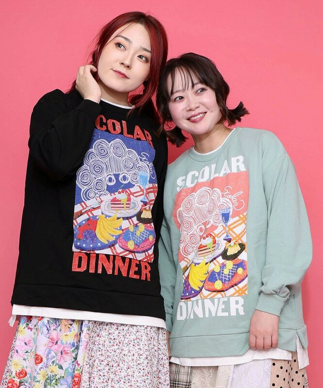 ★新作★【ScoLar スカラー】161610 スカラーちゃんの夕食柄レイヤード風配色プルオーバー カジュアル レトロ 原宿系 個性的【パッパドゥドゥ】