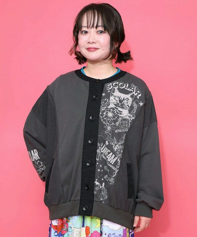 乐天商城 - ★SALE★【ScoLar スカラー】 161612 チョーク風柄裏毛×綿ツイル異素材切替カーディガン 羽織り カジュアル レトロ 原宿系 個性的【パッパドゥドゥ】