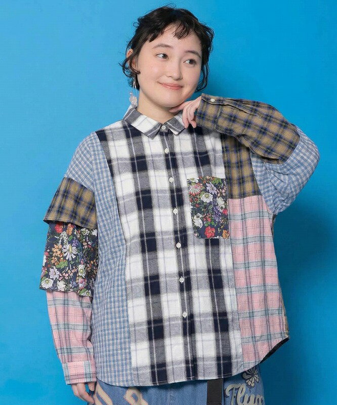 Long-Sleeved - ★SALE★【ScoLar スカラー】161673 チェックorストライプ 総柄アシメパッチワークシャツ トップス カジュアル レトロ ガーリー 原宿系 個性的【パッパドゥドゥ】