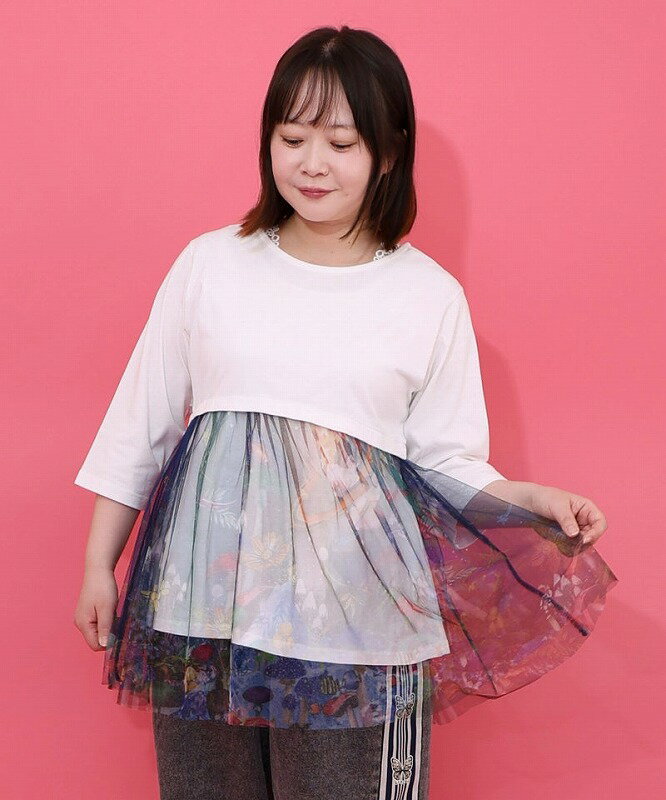 ／523 scolarスカラー 黒 キノコと動物 カットソー スカラー / ぷりぷりキノコとネコ花刺繍 デニムTシャツ | BRAND,ScoLar