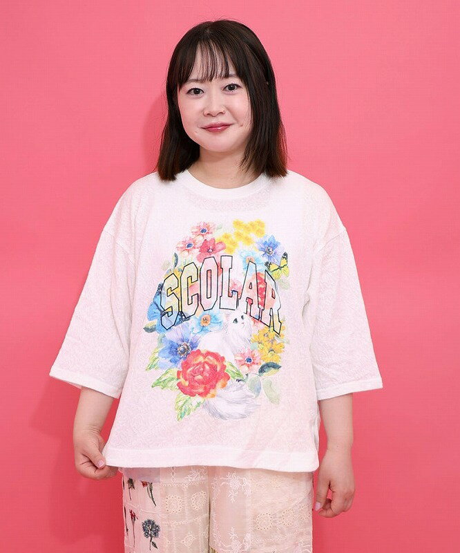 乐天商城 - ★SALE★【ScoLar スカラー】162635 花ネコ発泡プリント ローズジャガードTシャツ トップス カジュアル レトロ ガーリー 猫 原宿系 個性的【パッパドゥドゥ】
