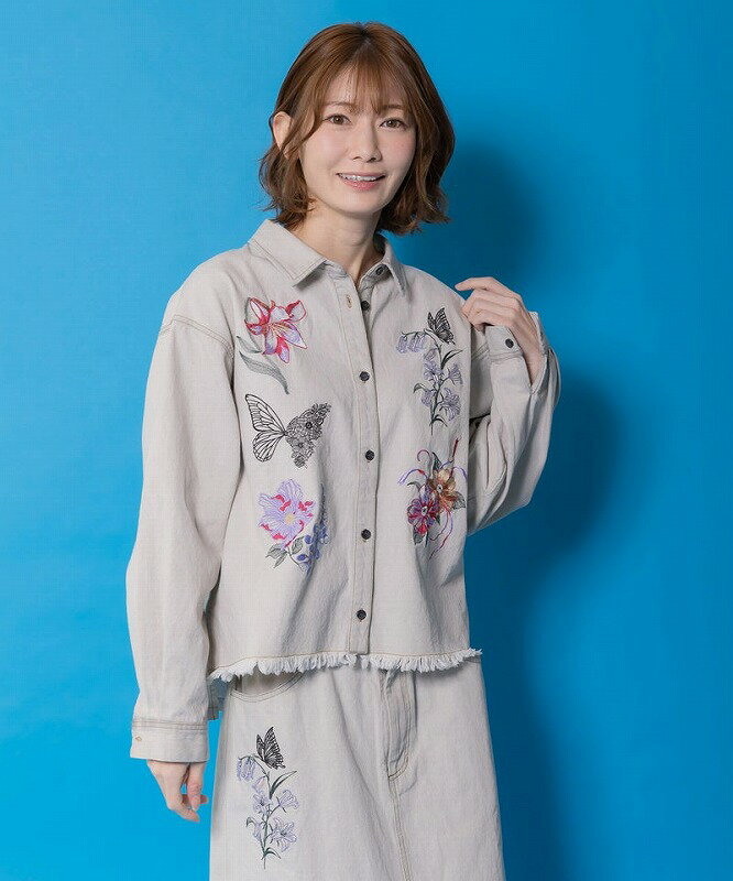★SALE★【is ScoLar イズ スカラー】561238 花蝶刺繍すそフリンジ入りデニムシャツ ...
