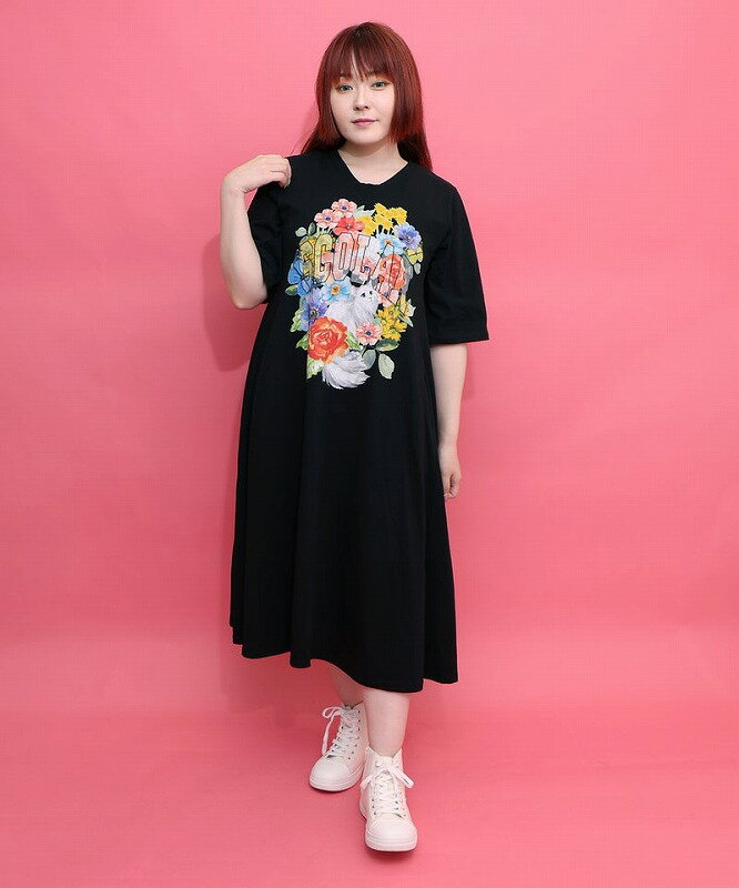 ★SALE★【ScoLar スカラー】162611 花ネコプリント 接触冷感ワンピース カジュアル レトロ ガーリー 原宿系 個性的【パッパドゥドゥ】