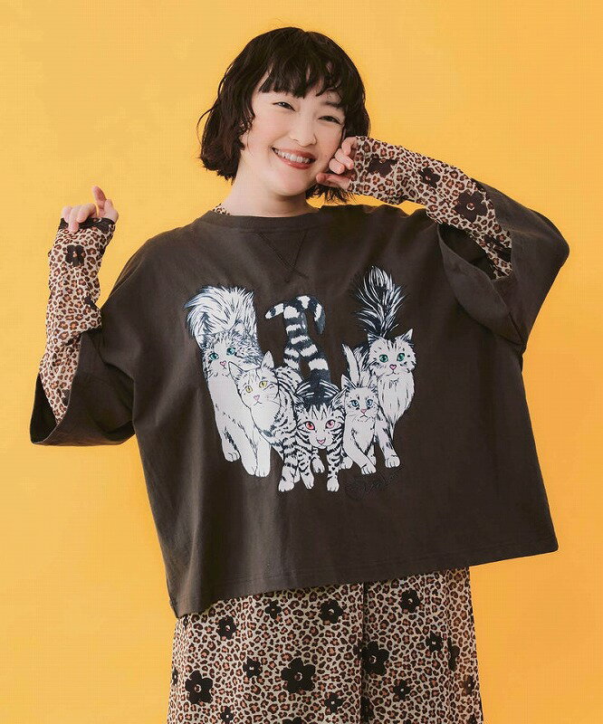 乐天商城 - 【ScoLar スカラー】162667 にらめっこネコちゃん ワイドTシャツ トップス カジュアル レトロ ガーリー 猫 原宿系 個性的【パッパドゥドゥ】